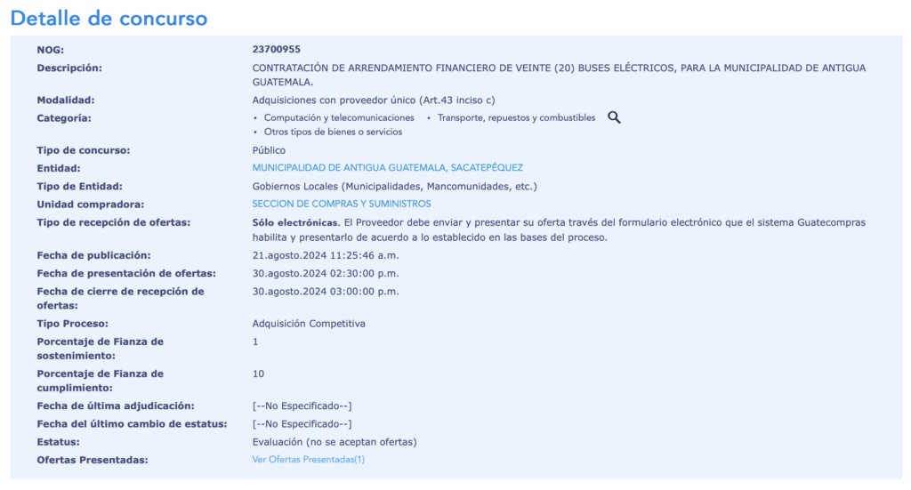 Captura de pantalla del concurso de los buses eléctricos en Guatecompras.